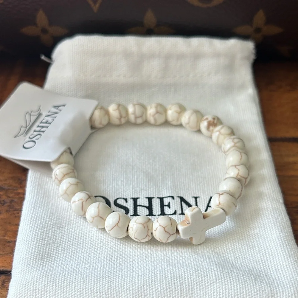 Oshena Designer‎ Beachwear natural white turquoise Beaded cross Bracelet UNISEX